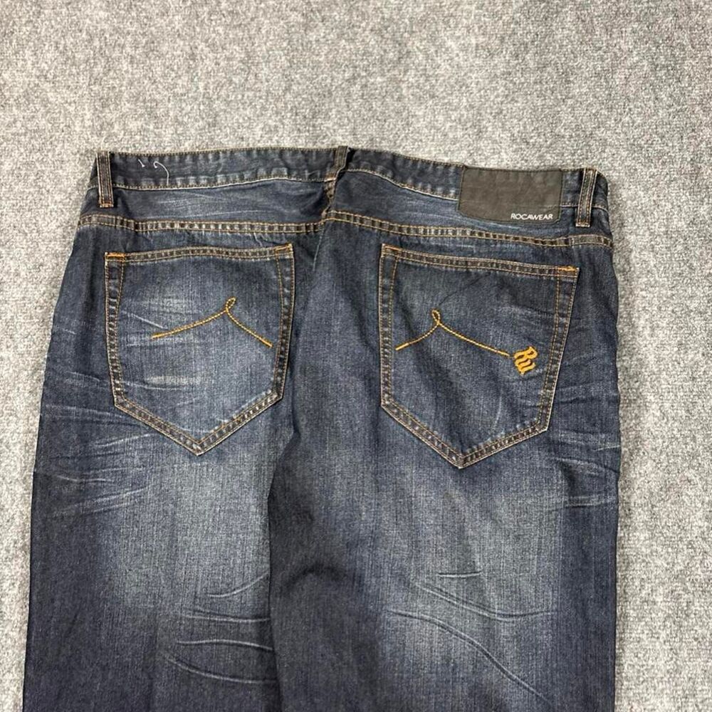vintage y2k rocawear baggy dark wash embroidered logo jeans